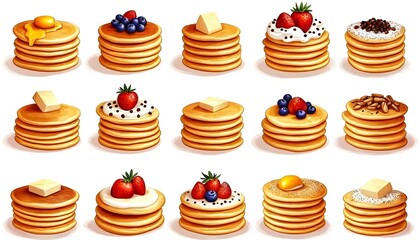 Collage of pancake stacks with various toppings