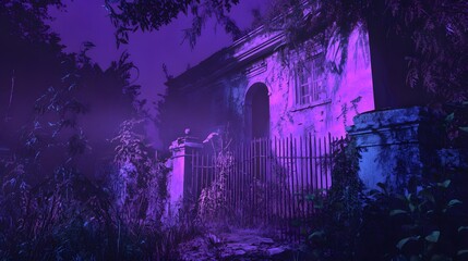 A haunted house with a broken fence and eerie purple lighting casting long shadows on the overgrown plants