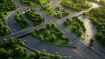 3D aerial view of complex road patterns, no vehicles, clean lines, room for text