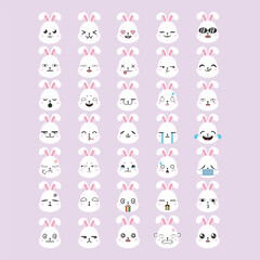 Obraz premium White bunny emoji set, bunny stickers, faces, vector style for Print on T-Shirts, Posters, Creating Logos, patterns, web designs and Social Media