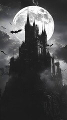 Fototapeta premium Haunting Gothic Medieval Castle Against Stormy Night Sky with Full Moon and Bats