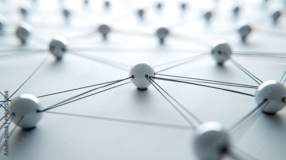Fototapete 3d network nodes with connecting lines, abstract technology concept, no people, space for text