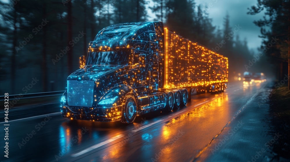 Poster a driver uses an advanced holographic interface to manage fleet operations while navigating a rainy 