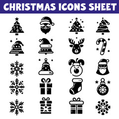 Christmas icon sheet set. Pixel Perfect vectors . Set contains such icons as Santa Claus, Christmas, Gift, Reindeer, Christmas Tree, Snowflake.