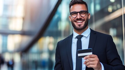 Bright businessman, credit in hand