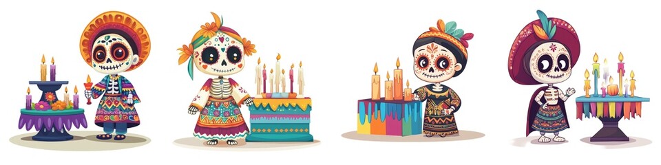Fototapeta premium Colorful illustrated characters celebrating a festive occasion with candles and traditional attire, perfect for cultural themes.