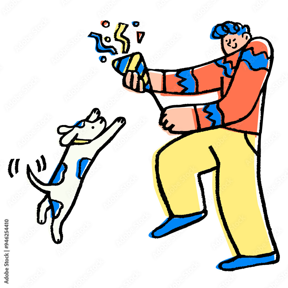 Poster Man png holding part popper, festive doodle with cute dog