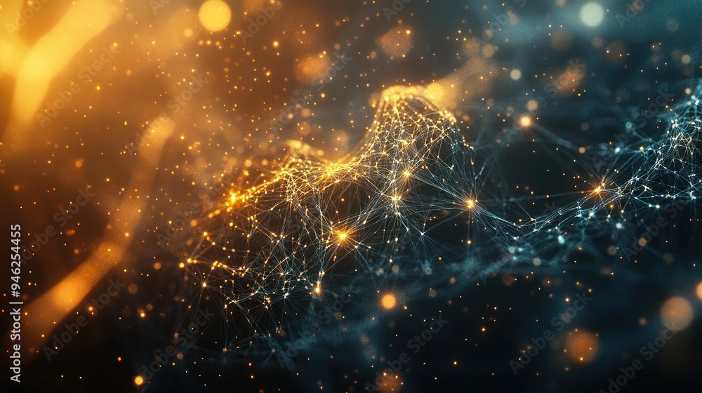 Fototapete abstract 3d network with complex nodes, glowing connections, ample space for text