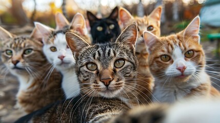 A group of cats posing closely together, showcasing their unique patterns and expressions.