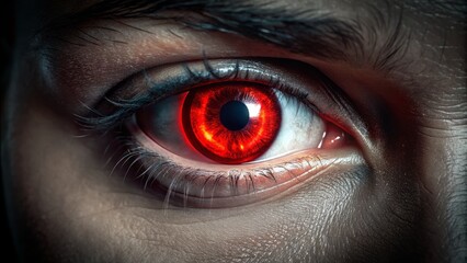 Fototapeta premium A bold, glowing red eye icon with a piercing gaze, set against a dark background, evoking a sense of intensity and mysterious surveillance.