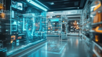 Abstract digital shopping interface, no people, ample space for copy