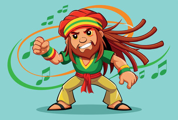 Cartoon rasta man dancing with musical notes around him