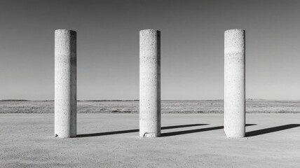 Three broken columns casting long shadows in a stark, empty landscape, minimalist composition, modern art