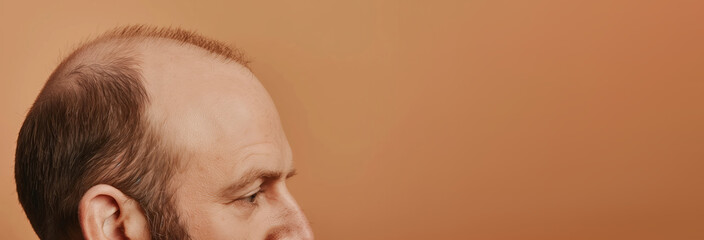 Fototapeta premium Baldness concept. Man with receding hairline on beige background, closeup