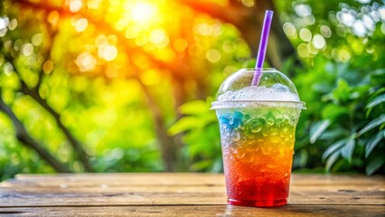 A brightly colored, ice-filled plastic cup with a straw, condensation dripping down its side, containing a fizzy, sweet, and refreshing beverage on a sunny day.