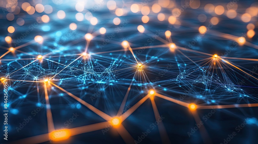 Fototapete abstract network web with digital nodes, glowing lines, ample space for text