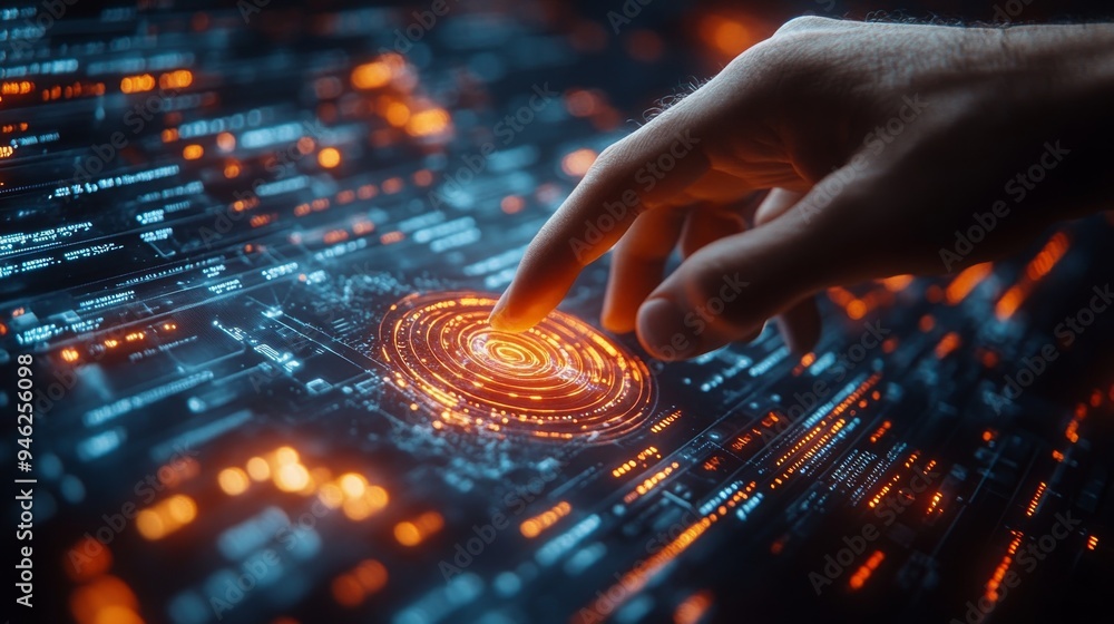Poster a hand interacts with a vibrant holographic interface, highlighting intricate math problems and adva
