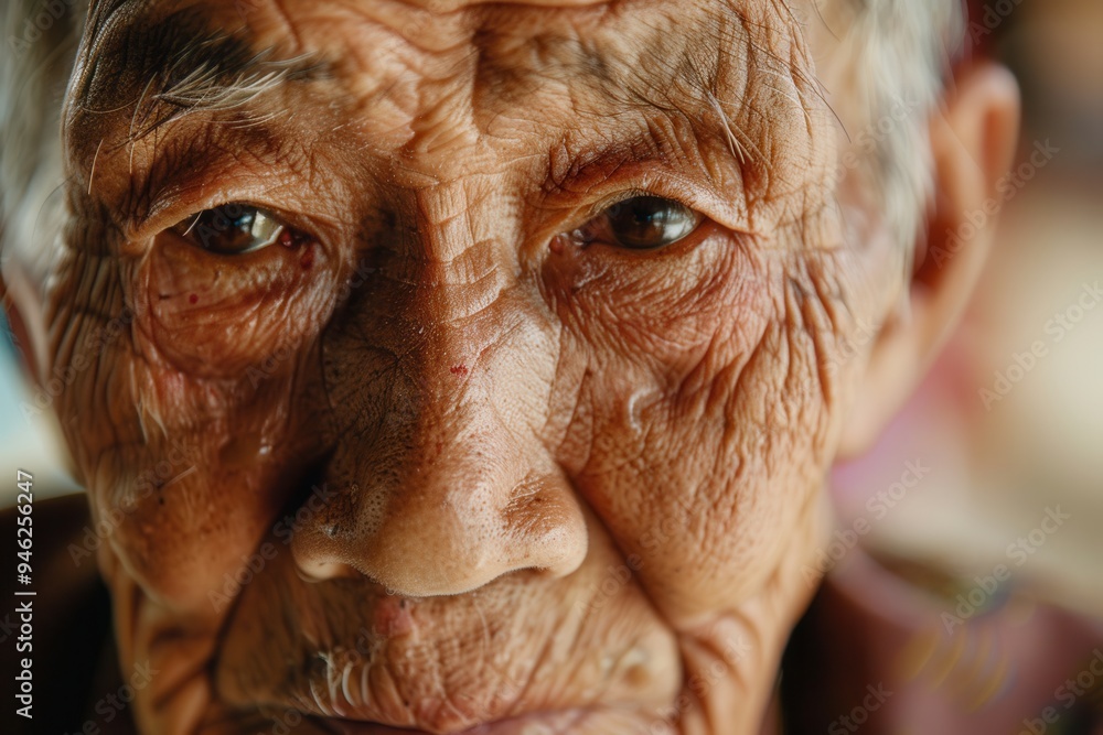 Poster A wise elderly man with deep-set eyes showcases his calmness and life experiences, representing various ethnic backgrounds in a tranquil setting. Generative AI