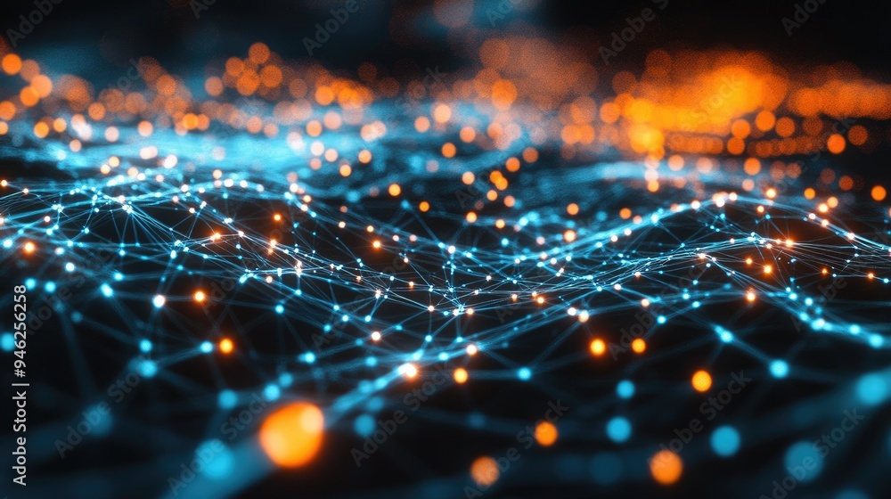Fototapete abstract network with glowing digital nodes, clear and open, space for text