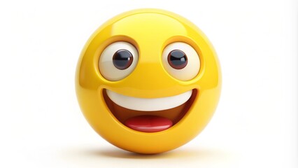 A bright yellow smiley face emoji with a wide, cheerful grin and joyful eyes radiates warmth and happiness against a clean, white background.
