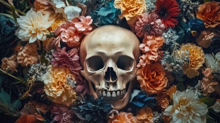 A human skull surrounded by a wreath of flowers, symbolizing mortality and the afterlife.