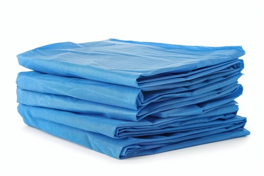 Pile of blue disposable bed sheets on white background
