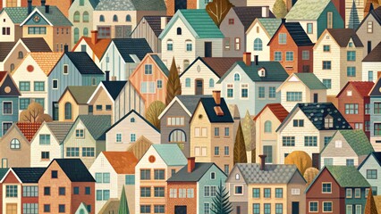 Naklejka premium Abstract illustration of modern houses in various architectural styles seamlessly blended together, forming a continuous pattern with subtle texture and soothing color palette.