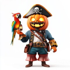 Pirate captain with pumpkin head, parrot holding a tiny lantern, Halloween night, 3D illustration
