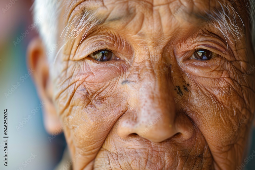 Aufkleber An elderly man from various ethnic groups conveys a sense of wisdom and calmness through his expressive features and deep-set eyes. Generative AI