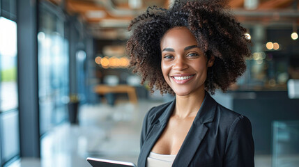 Fototapeta premium A woman with curly hair is smiling and holding a tablet