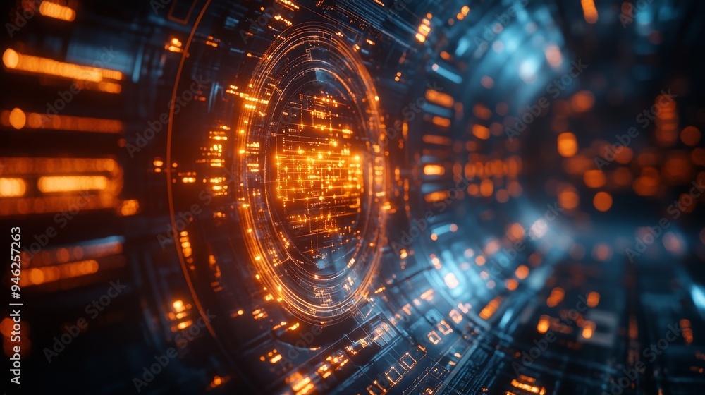 Poster a detailed holographic interface showcases intricate math problems, illuminated by glowing orange an