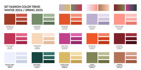 ACTUAL FRESH New fashion color trend winter spring season 2024 2025. Color palette forecast of the future color trend