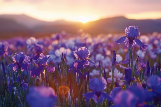 Purple iris field at dawn in Provence France