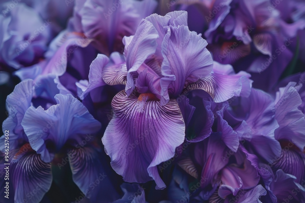 Poster purple irises in the backdrop