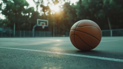 Basketball alone on a court, close-up shot, focus on the ball's texture, space for text