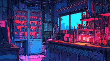 anime home laboratory anime background retro neon theme