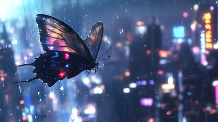 Fototapeta premium Cyberpunk Butterfly: A mesmerizing digital art illustration of a glowing, iridescent butterfly against a backdrop of a rain-soaked cyberpunk cityscape. The butterfly's vibrant colors and intricate pat