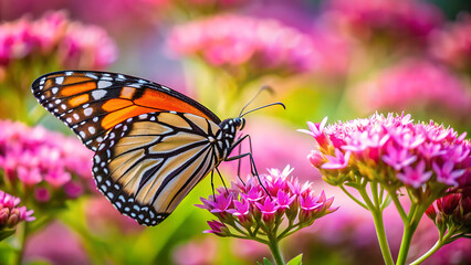 Common Tiger or Danaus genutia, Orange with white and black color pattern on insect wing, Monarch butterfly seeking nectar on flower in the field with