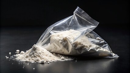 Obraz premium A clear plastic bag containing a small pile of white powder, with a twisted corner and crinkled surface, rests on a dark background, isolated.