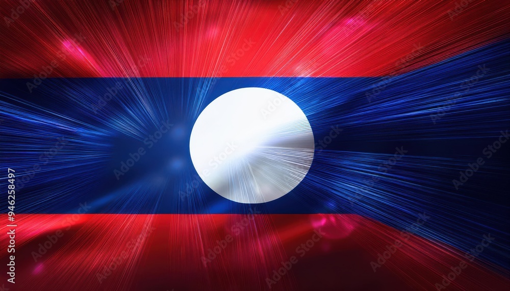 Poster abstract artistic rendering of the laotian flag with a radiant, bursting light effect.