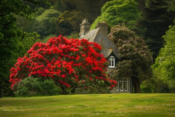 Obraz premium Red Rhododendron in England s rural landscape