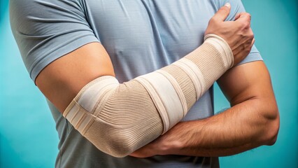 A close-up of a Compression bandage wrapped around a bent elbow, illustrating relief from cubital tunnel syndrome, a common repetitive strain injury.