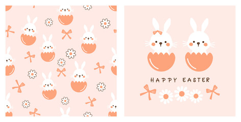 Seamless pattern with egg shell, rabbit cartoon, daisy flower and ribbon bow on orange background. Happy Easter card with daisy flower, cute bunny and hand written fonts vector.