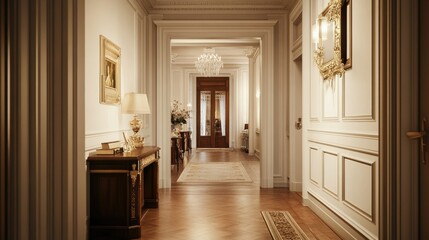 Fototapeta premium Classic hallway with ornate molding, sophisticated decor, room for copy