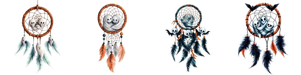 This collection features four unique dreamcatchers, each crafted with intricate designs and vibrant colors, symbolizing protection and dreams.