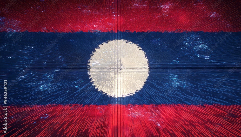 Poster abstract digital art rendering of the laotian flag with a glowing effect.