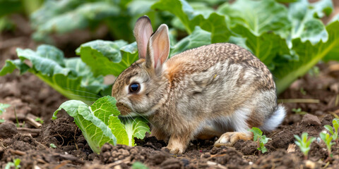 Fototapeta premium A young rabbit nibbling on fresh greens in a garden during a sunny afternoon in early spring