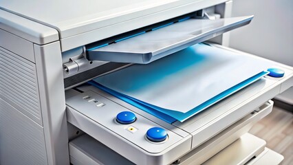 A close-up shot of a white sheet of paper emerging from a modern office photocopy machine, with bright blue buttons and sleek silver exterior.