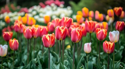 Fototapeta premium Striped tulips bloom in garden.