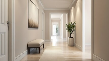 Contemporary hallway with sleek furniture, simple design, ample space for text